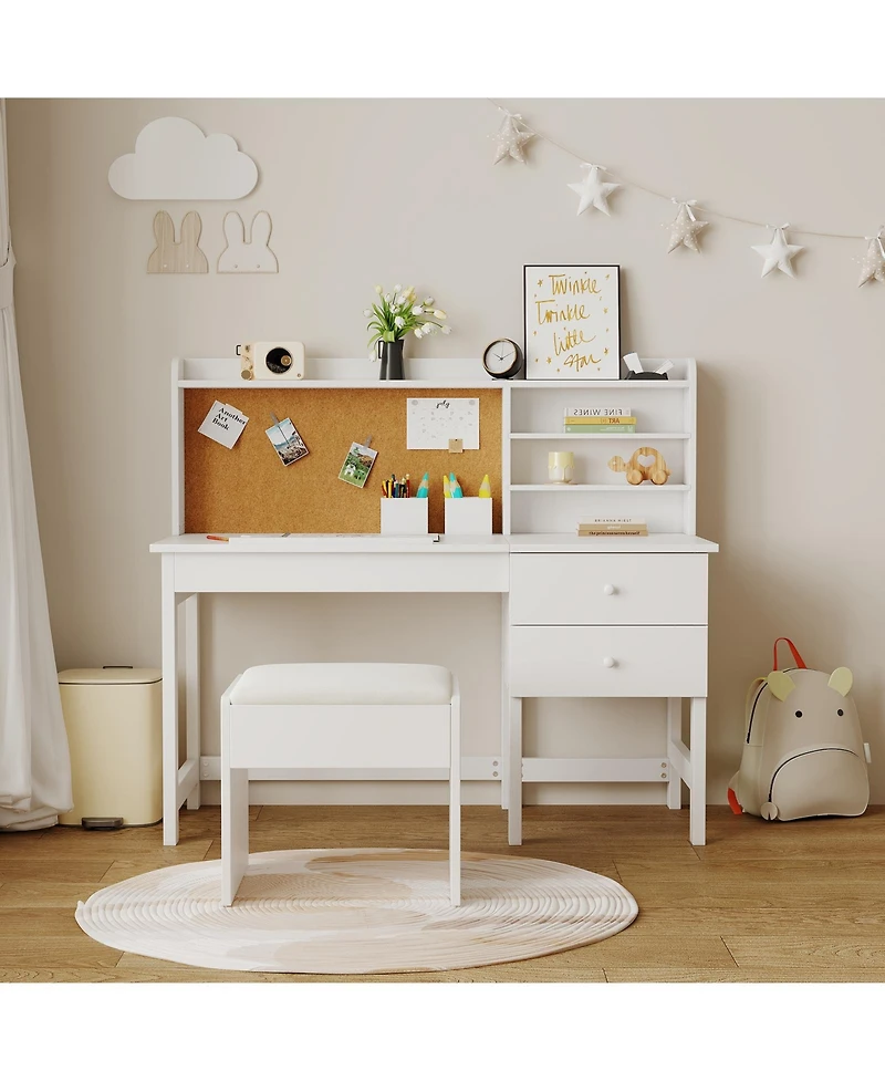 homfan Adjustable Kids Desk and Chair Set, Wooden Study Table with Tilting Desktop, Drawers and Cork Board, Ergonomic Workspace for Boys and Girls
