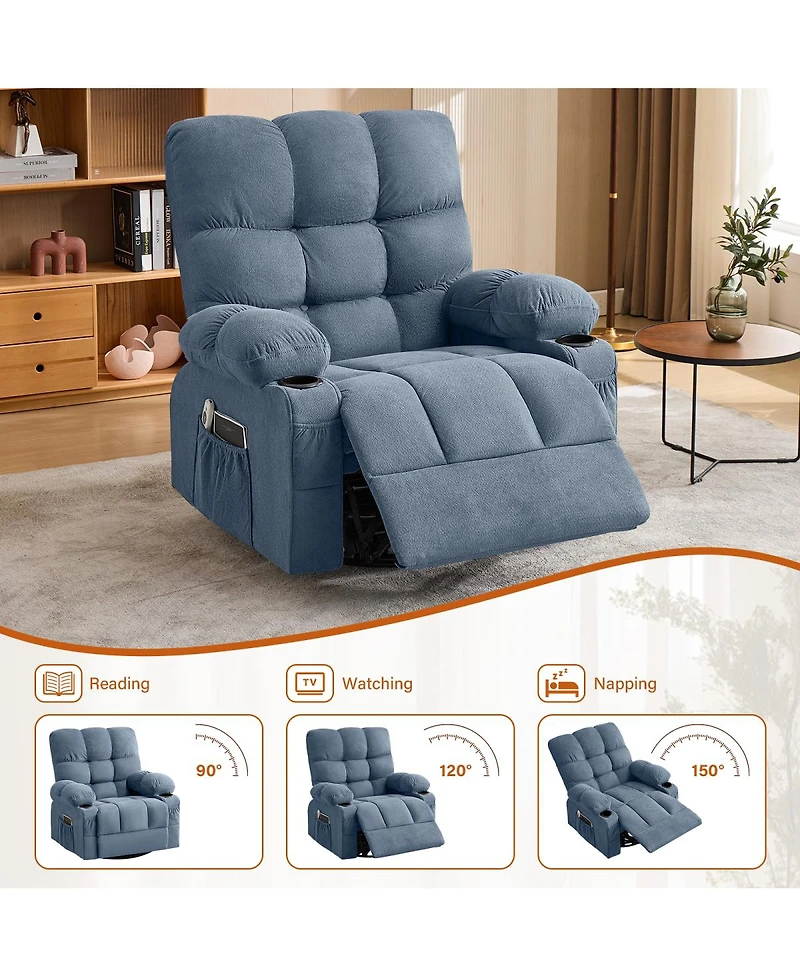 Streamdale Furniture Oversized Swivel Massage Recliner with Lumbar Heat, Usb Port, and Side Pocket