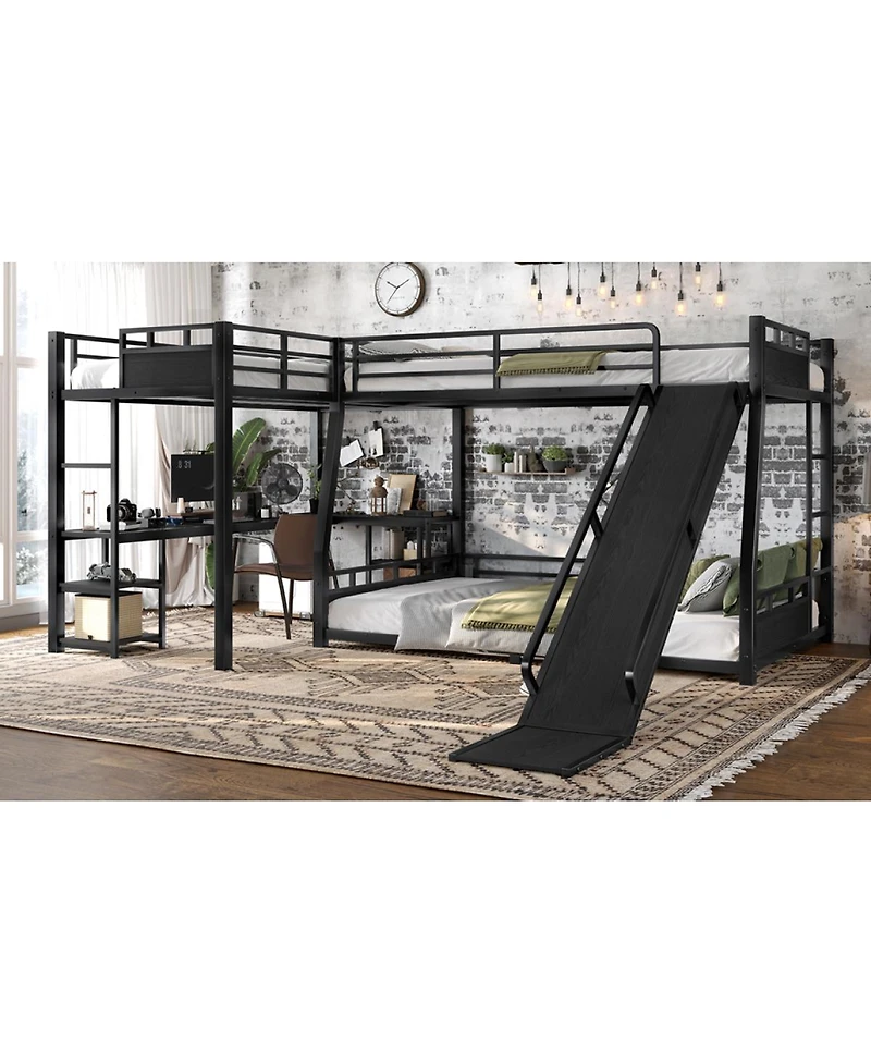 Streamdale Furniture L-Shaped Metal Triple Bunk Bed with Desk, Storage, and Slide