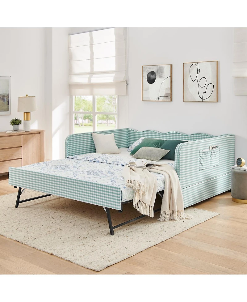 Streamdale Furniture Gingham Upholstered 3-in-1 Full-Size Daybed with Trundle and Storage