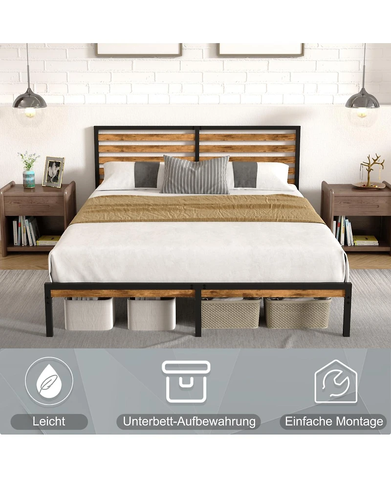 Streamdale Furniture Full Size Metal Platform Bed Frame with Wood Headboard and Under Bed Storage