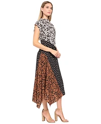 Luxely Women's Patchwork Print Mock Neck Midi Dress