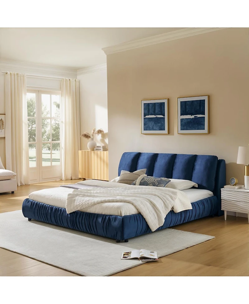 Streamdale Furniture King Size Upholstered Bed Frame with Segmented Velvet Headboard