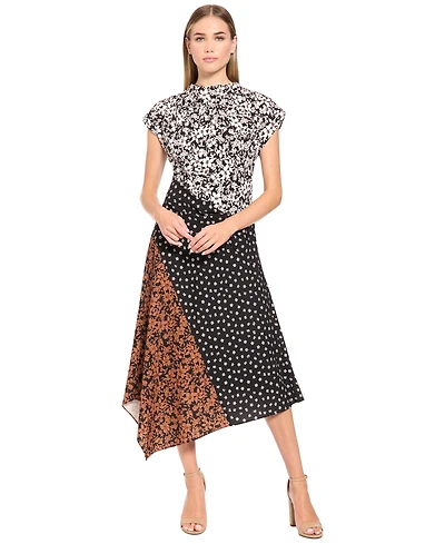Luxely Women's Patchwork Print Mock Neck Midi Dress