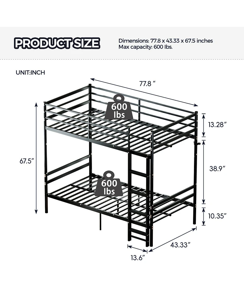 Streamdale Furniture Over Twin Metal Bunk Bed with Flat Ladder