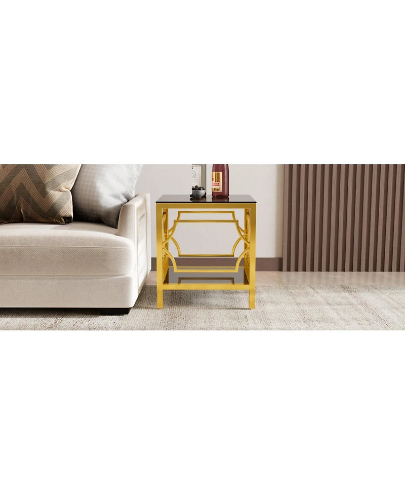 Streamdale Furniture 19.7" Modern Square Side Table with Tempered Glass Top and Storage Shelf