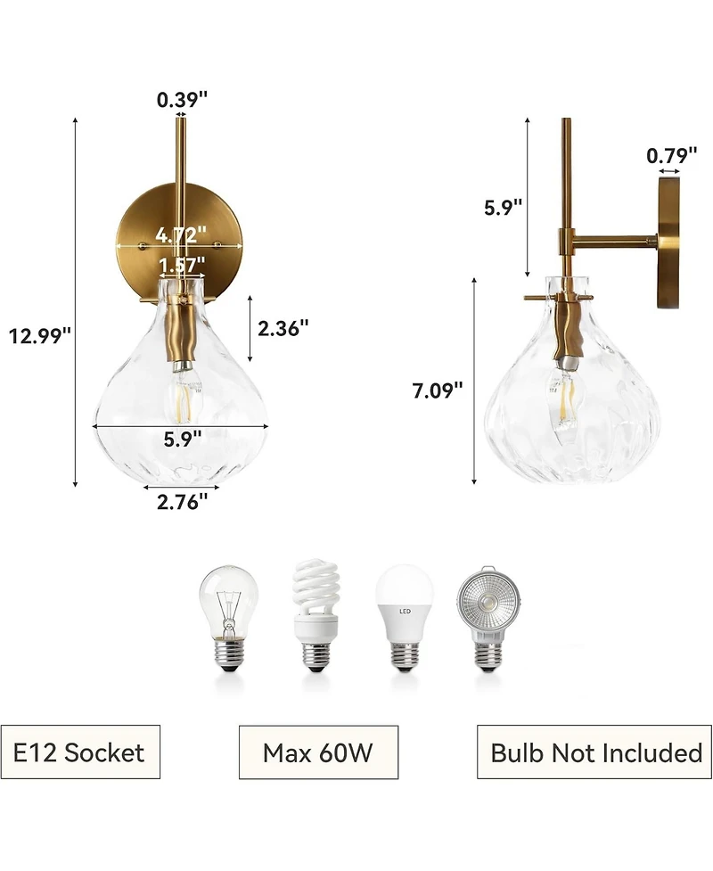 Tribesigns Wall Sconce Set of 2, Wall Lamp with Clear Glass Shade, Elegant Bathroom Vanity Wall Light Fixtures with E12 Base (bulbs not included)