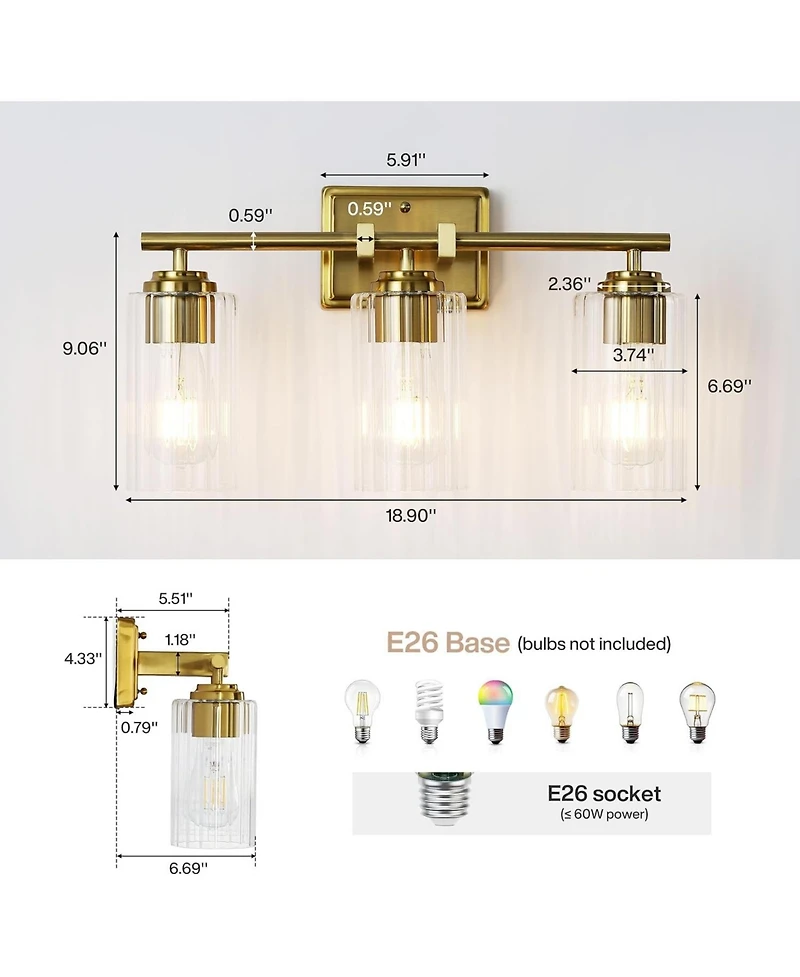 Tribesigns 3 Bathroom Vanity Light Fixture, Adjustable Modern Wall Sconce with Ribbed Glass Shades, Brass Vanity Lighting, E26 Base