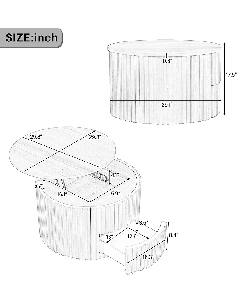 Streamdale Furniture Round Fluted Wood Lift Top Coffee Table with Hidden Storage