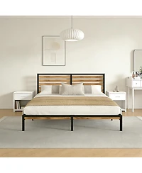 Streamdale Furniture Queen Size Metal Platform Bed Frame with Wood Headboard and Under-Bed Storage