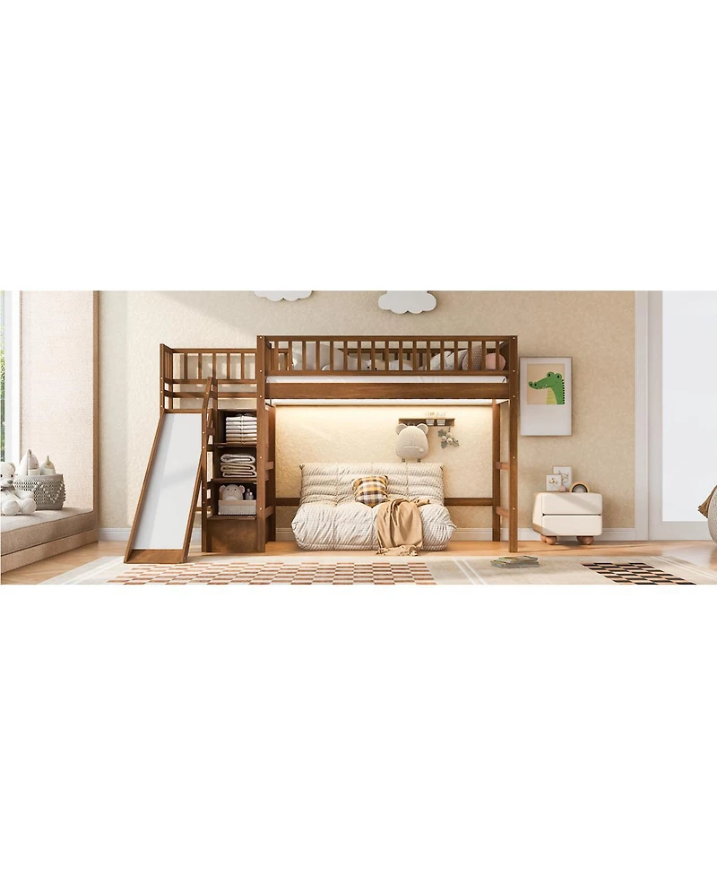 Streamdale Furniture Twin Size Loft Bed with Storage Staircase, Slide and Led Light