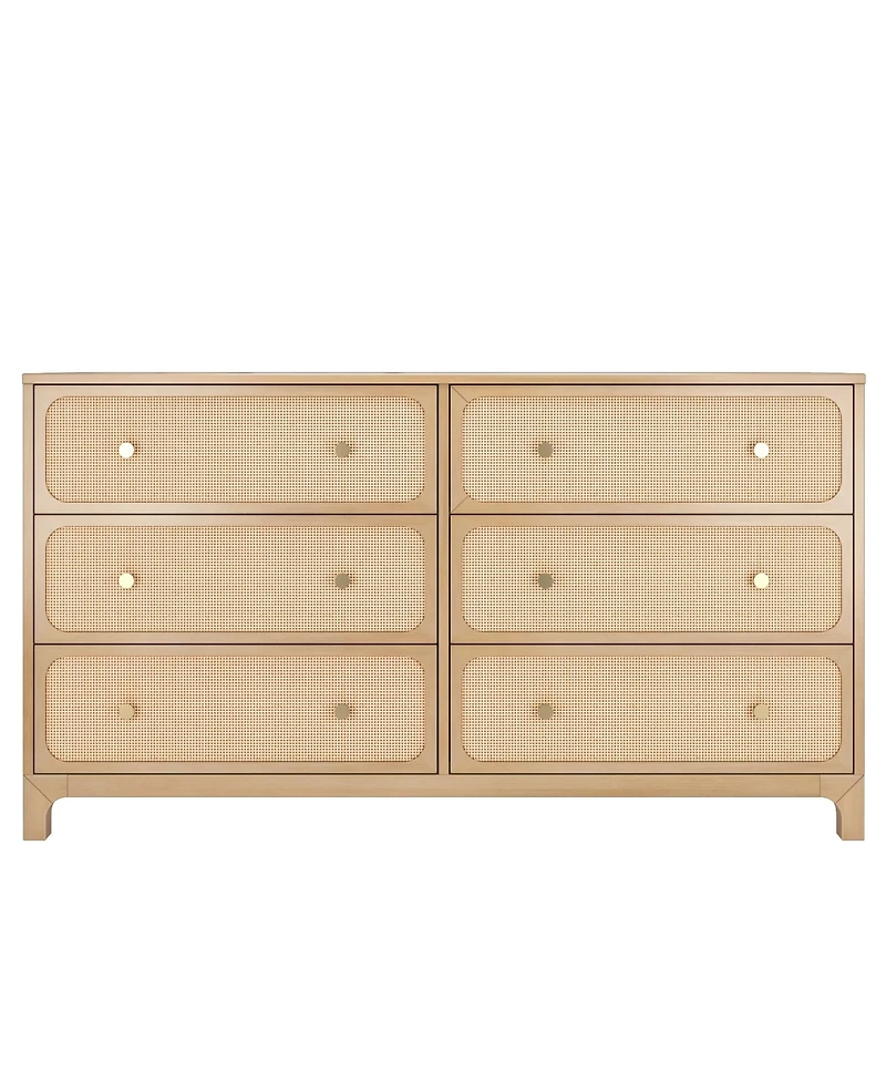 Plank+Beam Elio Rattan 6 Drawer Dresser with Brass Knob