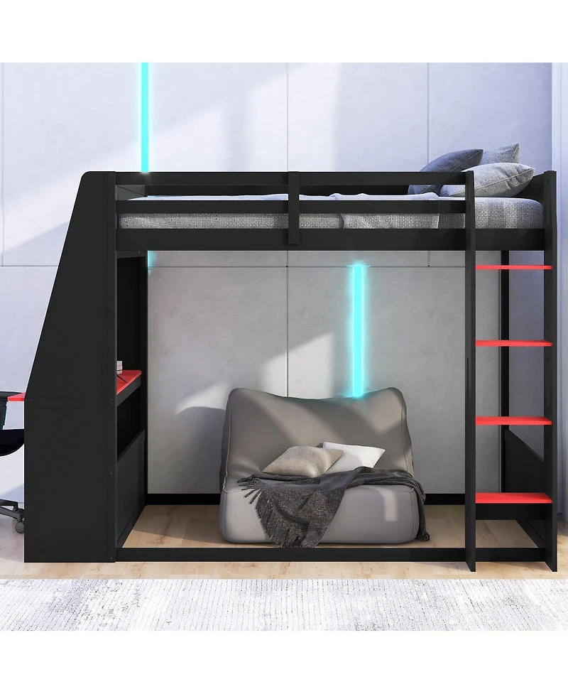 Streamdale Furniture Full Size Wooden Gaming Bunk Bed with Desk, Two Storage Shelves, Usb and Led Light