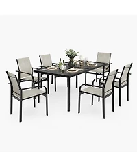 homfan 7-Piece Outdoor Patio Dining Set with 55" Rectangular Iron Table and 6 Textilene Chairs, Wood-Grain Finish for Backyard