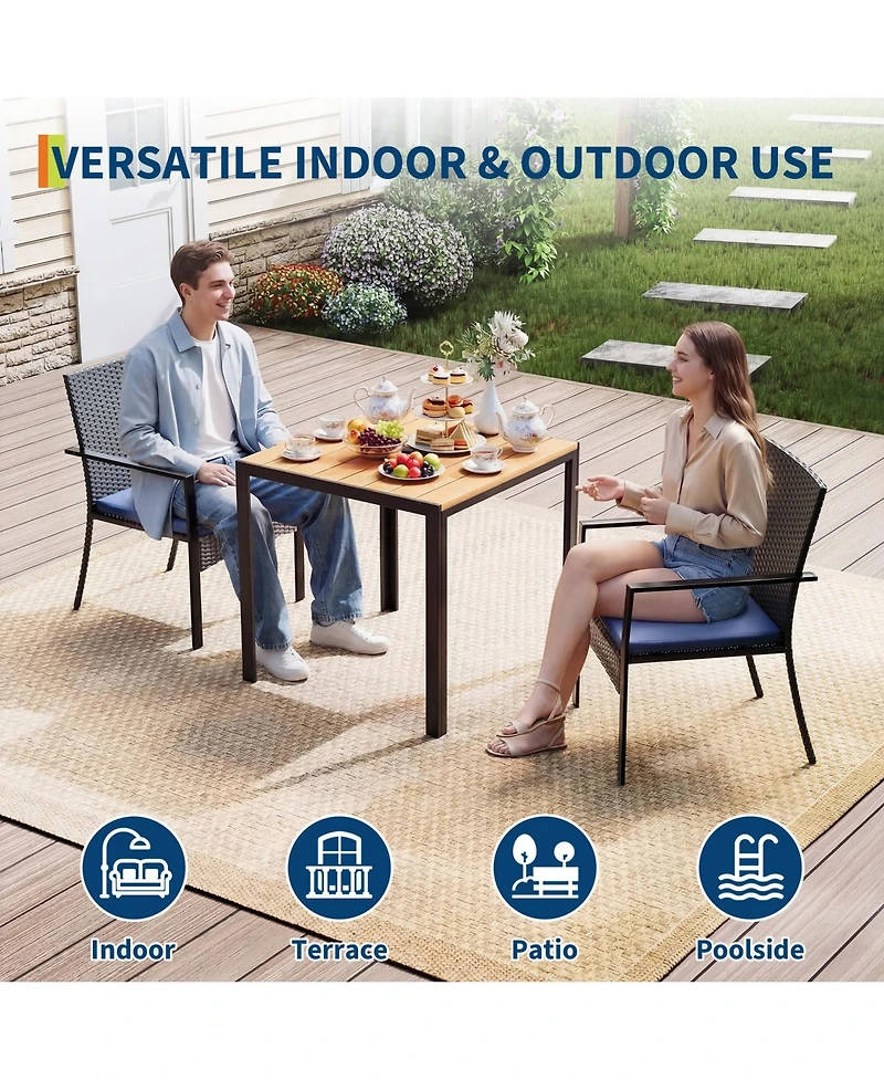 homfan 3-Piece Patio Dining Set with Square Table, 2 Chairs, Umbrella Hole and Cushions, Pe Wicker Outdoor Furniture for Backyard, Garden or Poolside