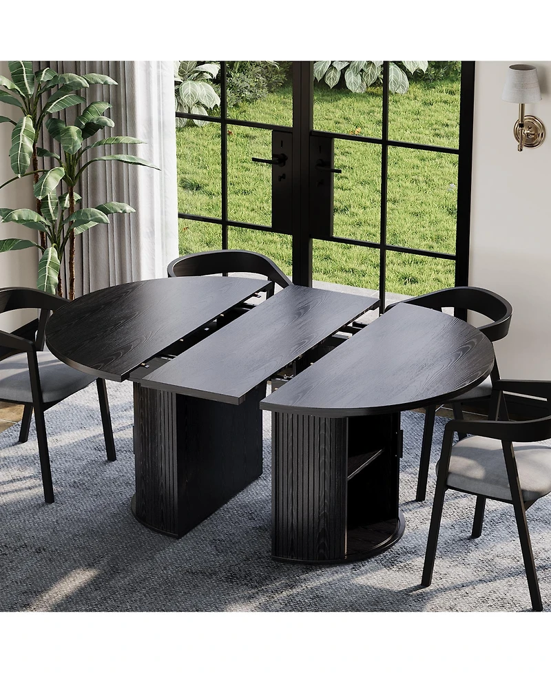 homfan Extendable Round Dining Table – Modern Farmhouse Fluted Pedestal with 2-Tier Storage Shelf and Drawer, 47.5–63" Expandable