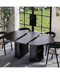 homfan Extendable Round Dining Table – Modern Farmhouse Fluted Pedestal with 2-Tier Storage Shelf and Drawer, 47.5–63" Expandable