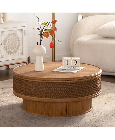 Streamdale Furniture 31.5" Round Retro Rattan Coffee Table with Flip-Top Storage