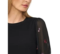 CeCe Women's Beaded Sleeve Mixed Media Crewneck Short-Sleeve Top
