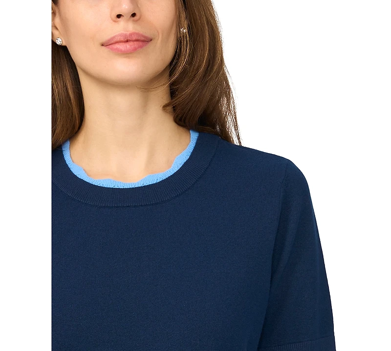 CeCe Women's Lace-Trim Crewneck Short-Sleeve Sweater
