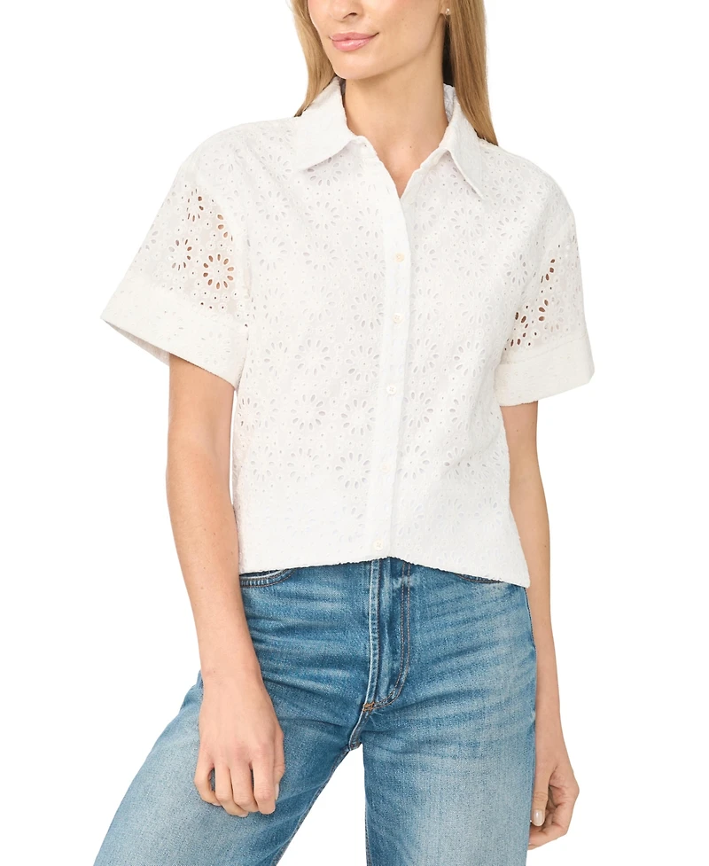 CeCe Women's Collared Button-Front Short-Sleeve Shirt