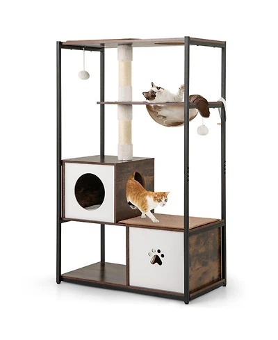 Hongge Metal-Frame Cat Tree with Two Enclosed Condos