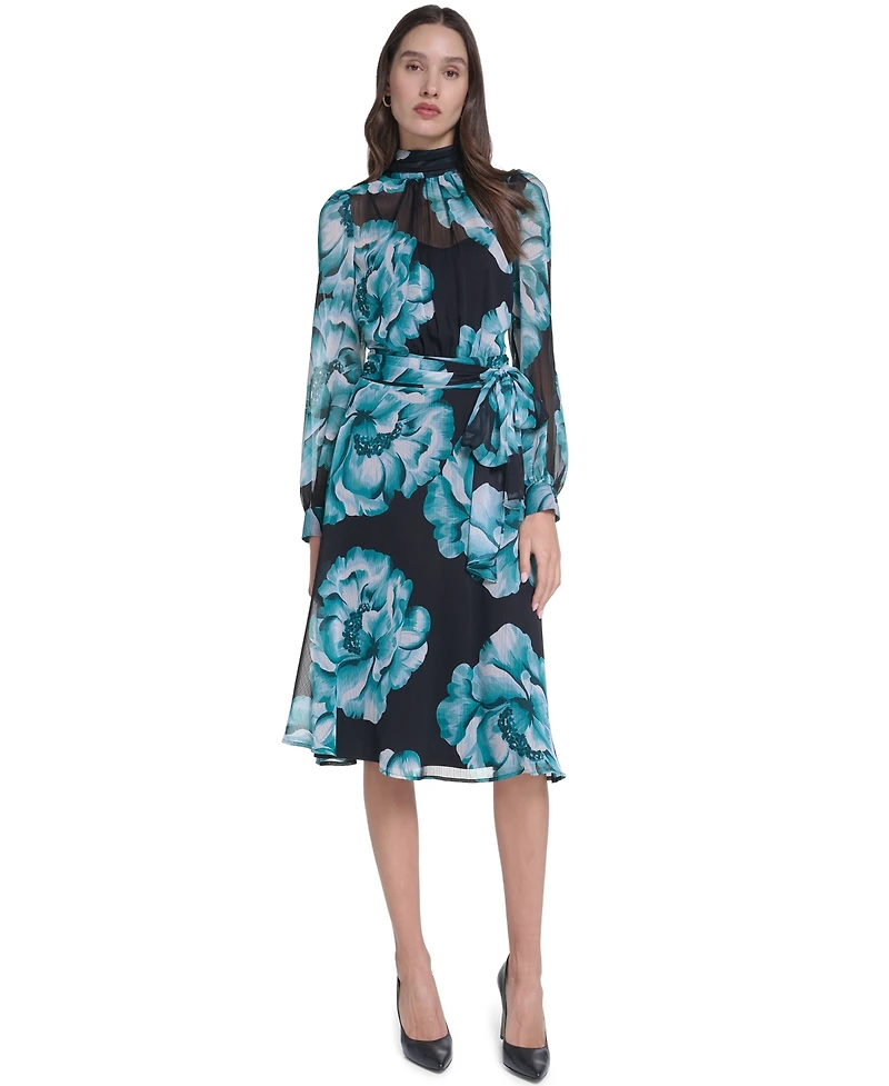 Calvin Klein Petite Mock Neck Floral A-Line Chiffon Midi Dress