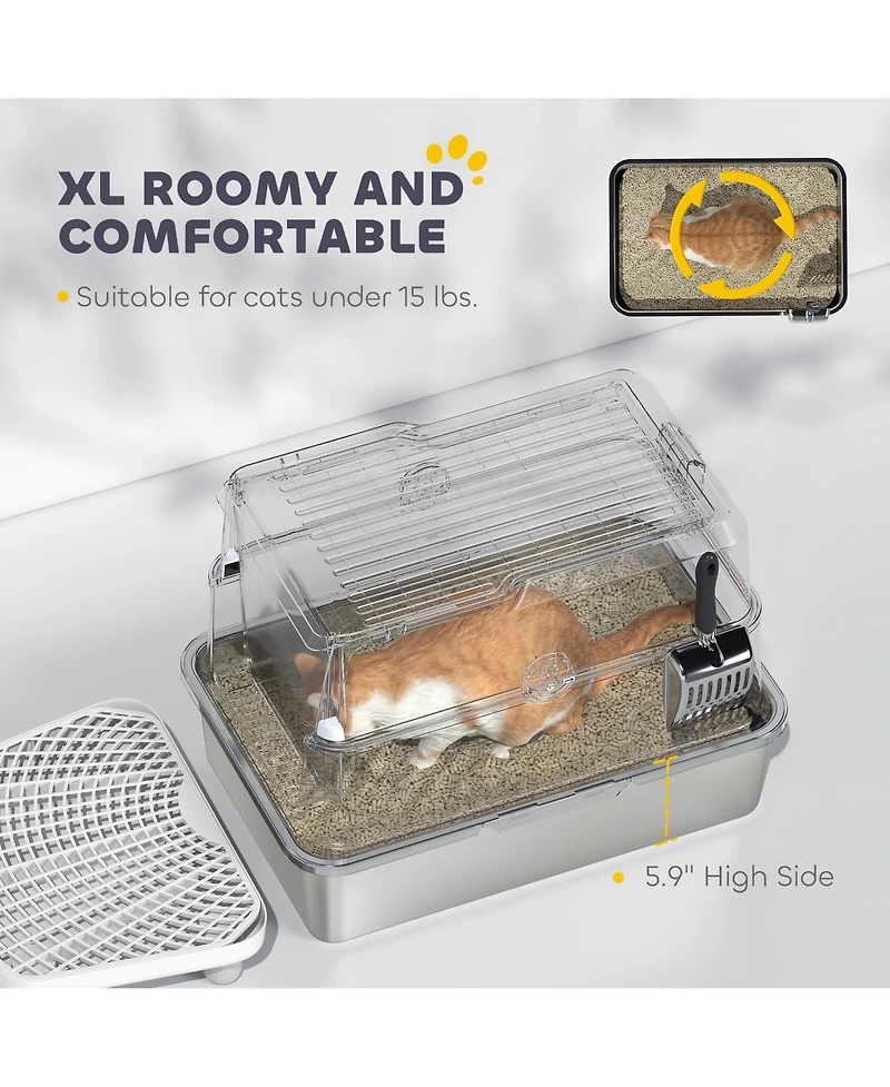 Ruie Extra Large Stainless Steel Cat Litter Box for Big Cats with Flip Cover and Scoop