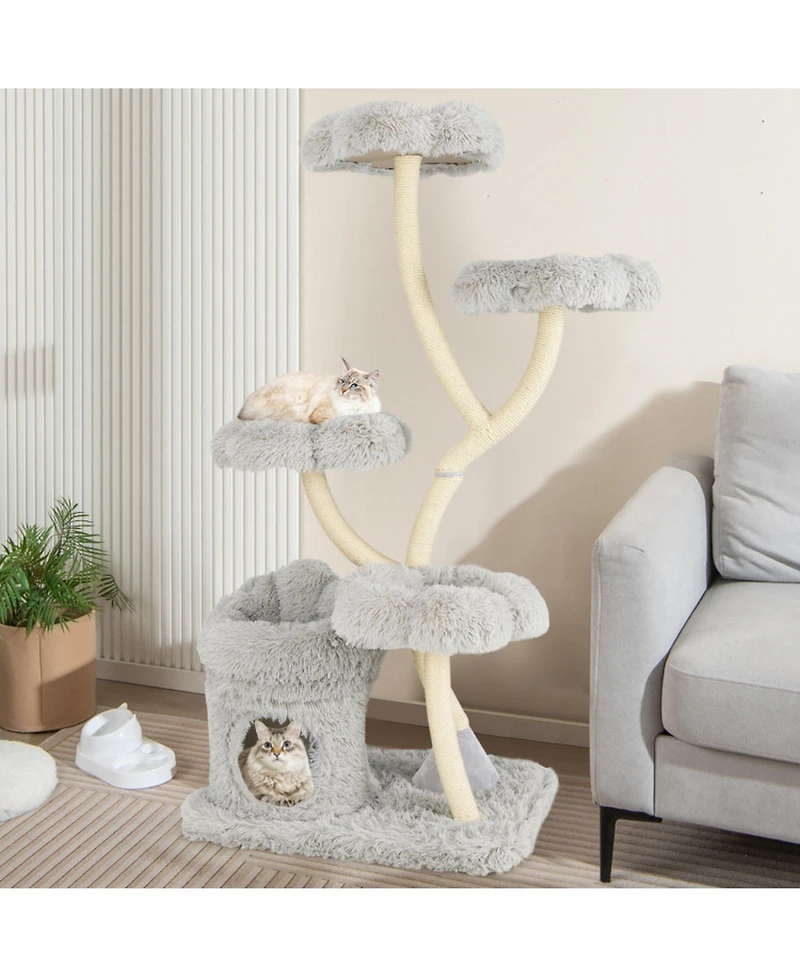 Hongge Freestanding Cat Tower with Four Flower-Shaped Platforms