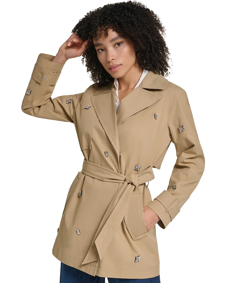 Karl Lagerfeld Paris Women's Embellished Belted Trench Coat