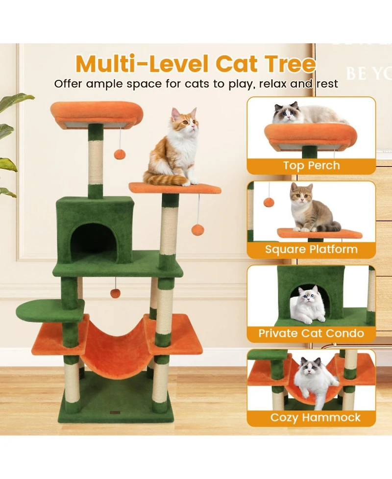 Hongge Plush 58 Inch Multi-Level Cat Tower with Hammock Lounge