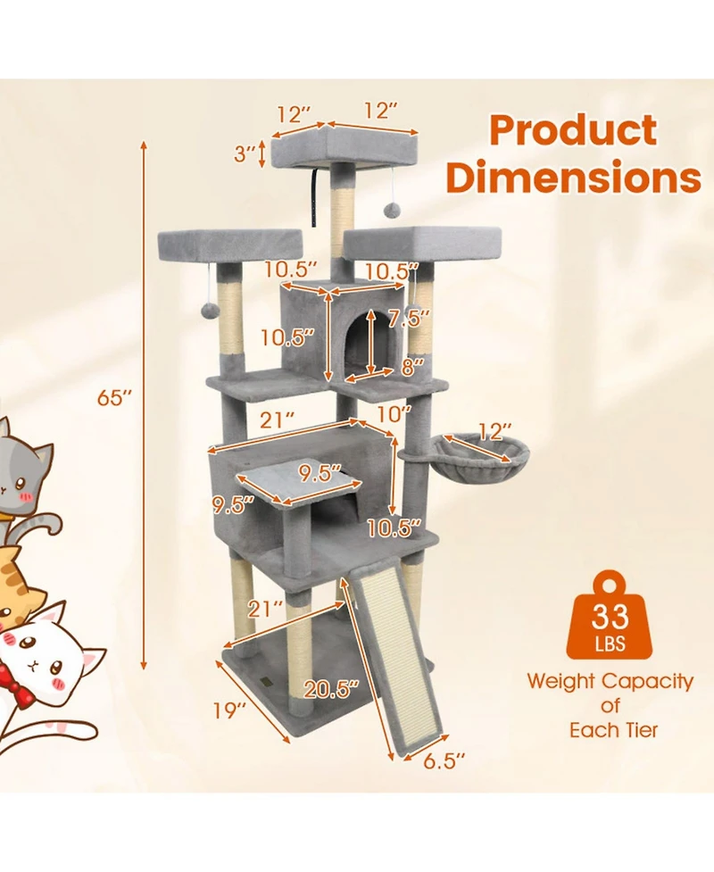Hongge 65 Inch Tall Cat Tree Featuring Three Upholstered Perches