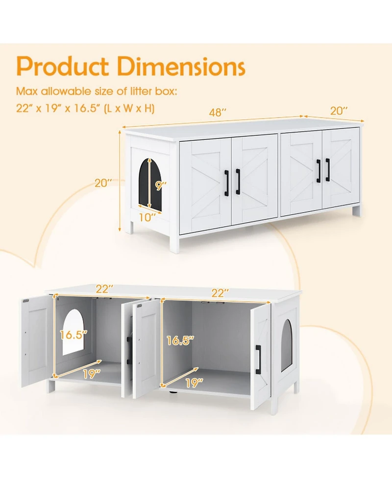 Hongge 48 in Cat Litter Box Enclosure for 2 Cats with Barn Doors and Large Tabletop