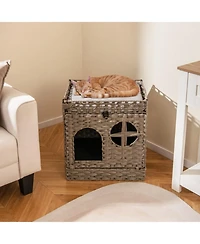 Hongge Foldable 2-Tier Rattan Cat Litter Box Enclosure with Litter Mat and Cushioned Top