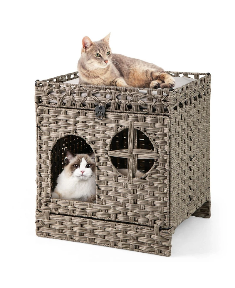 Hongge Foldable 2-Tier Rattan Cat Litter Box Enclosure with Litter Mat and Cushioned Top