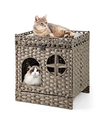 Hongge Foldable 2-Tier Rattan Cat Litter Box Enclosure with Litter Mat and Cushioned Top
