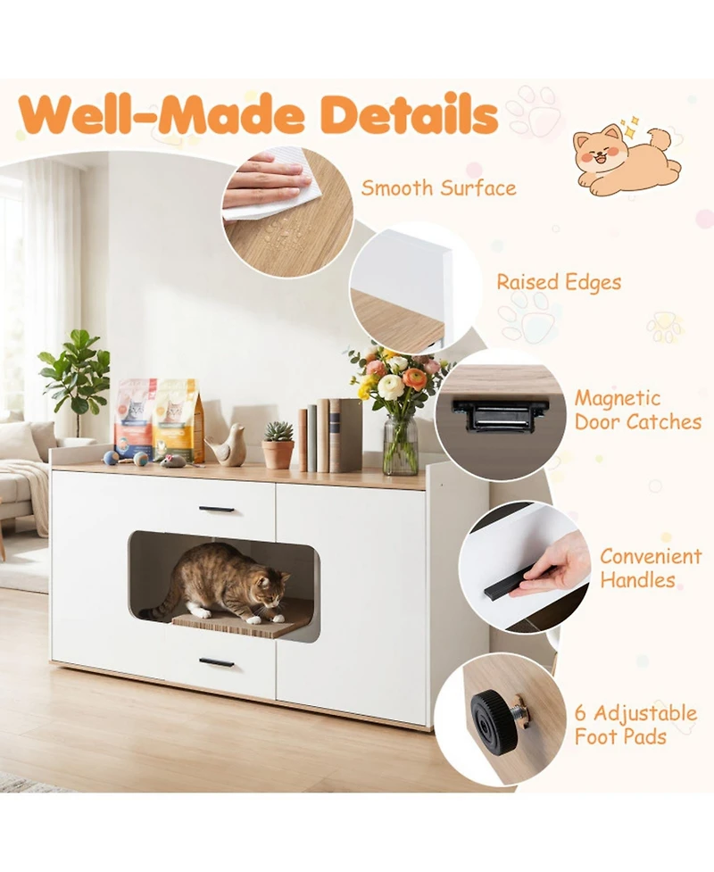 Hongge 55 in Wooden Hidden Cat Litter Box Cabinet with Wide Countertop 2 Drawers and 2 Doors