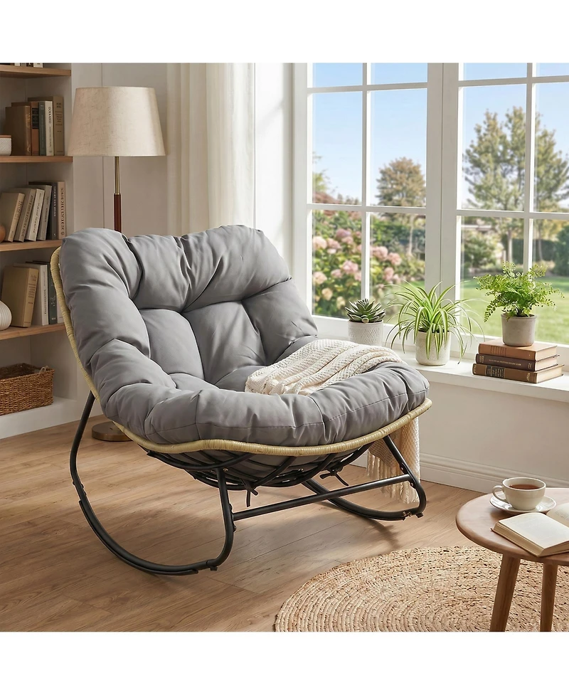 Gymax Outdoor Papasan Rocking Chair Oversized Egg-shaped Rocker with Thick Cushioned Seat