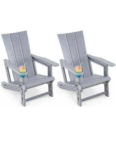 Gymax Adirondack Chairs Set of 2 with Cup Holder Wood Texture for Garden Backyard