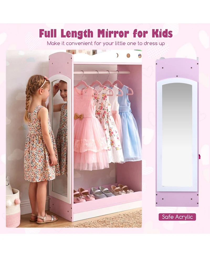 Hongge Kids Dress Up Storage Closet with Full-Length Mirror Hanging Rod and Fabric Drawers