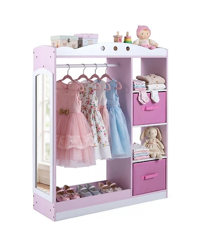Hongge Kids Dress Up Storage Closet with Full-Length Mirror Hanging Rod and Fabric Drawers