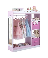 Hongge Kids Dress Up Storage Closet with Full-Length Mirror Hanging Rod and Fabric Drawers