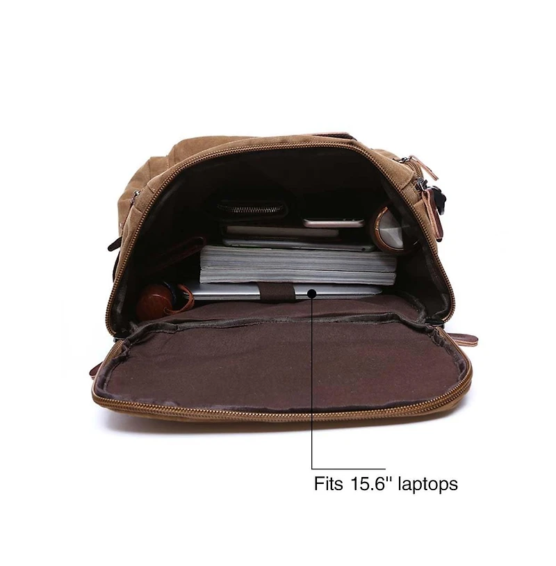 Piscifun Canvas Leather Accent Travel Rucksack Laptop Daypack Hiking Camping Bag