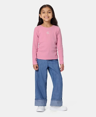 Calvin Klein Toddler Girls' 2T-6X Monogram Ribbed Long-Sleeve Top and Wide-Leg Denim Pants, 2-Piece Set