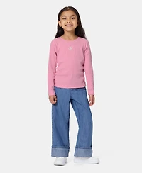 Calvin Klein Toddler Girls' 2T-6X Monogram Ribbed Long-Sleeve Top and Wide-Leg Denim Pants, 2-Piece Set