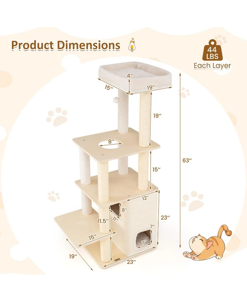 Hongge Wooden Cat Tree with Padded Two-Story Condo, 63 Inch