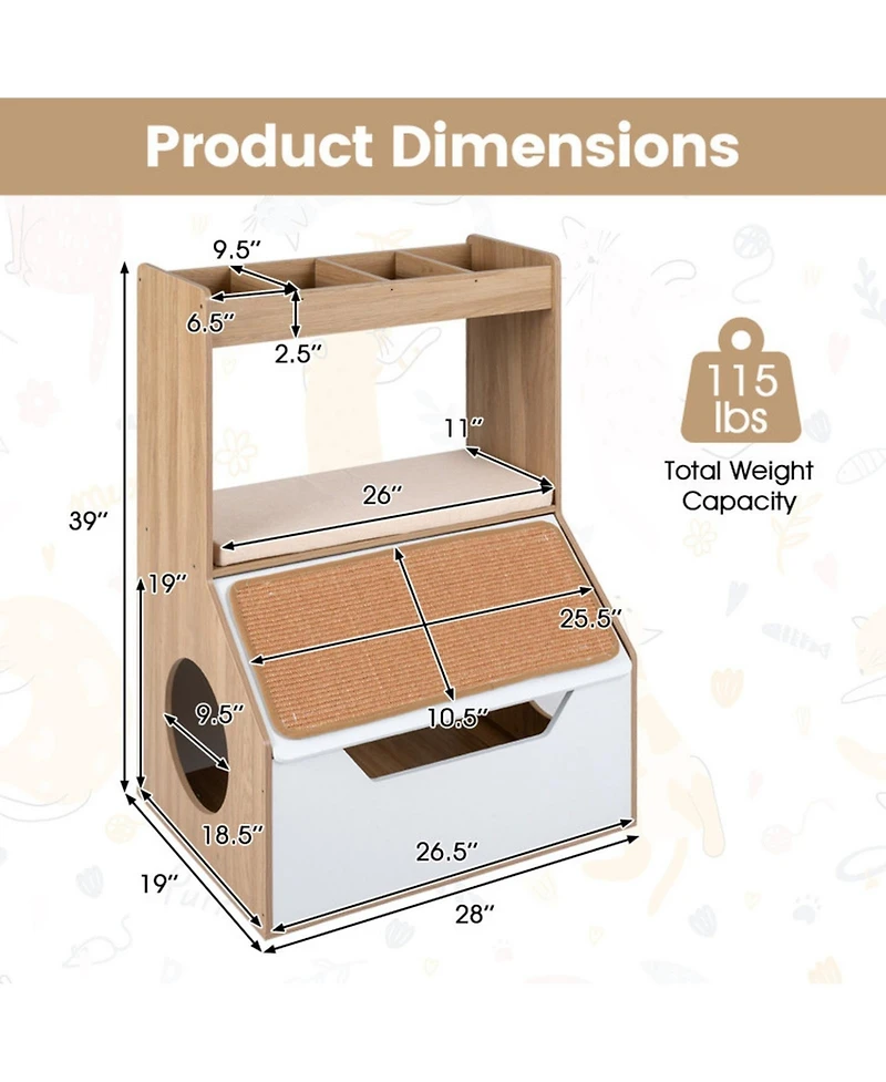 Hongge 3-in-1 Hidden Litter Box Enclosure Cabinet with 4 Cubbies