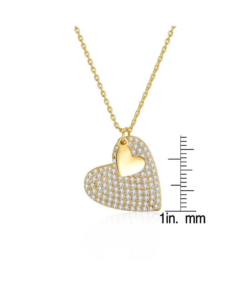 Sterling Silver 14k Yellow Gold Plated with Cubic Zirconia Pave Double Dangle Heart Charm Pendant Layering Necklace