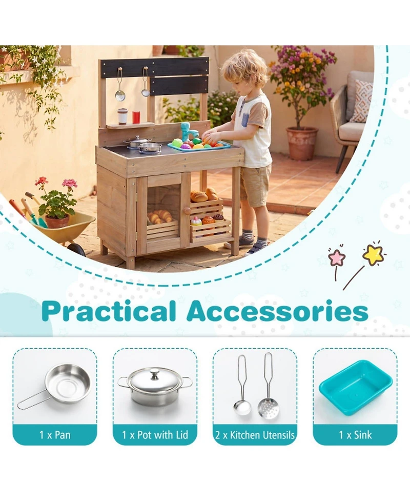 Hongge Wooden Circulating Water Faucet 5-Piece Mud Kitchen, Ages 3+