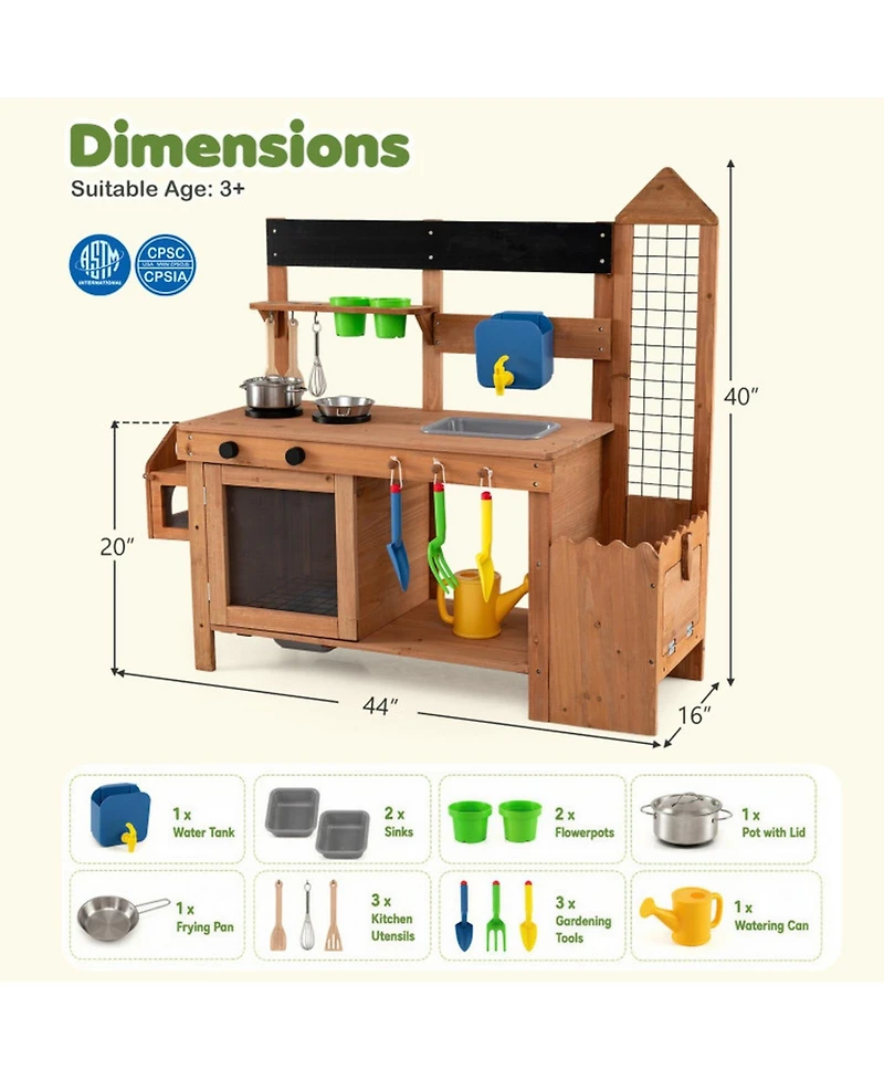Hongge Outdoor Mud Kitchen with Removable Birdcage and Planter Box, Ages 3+